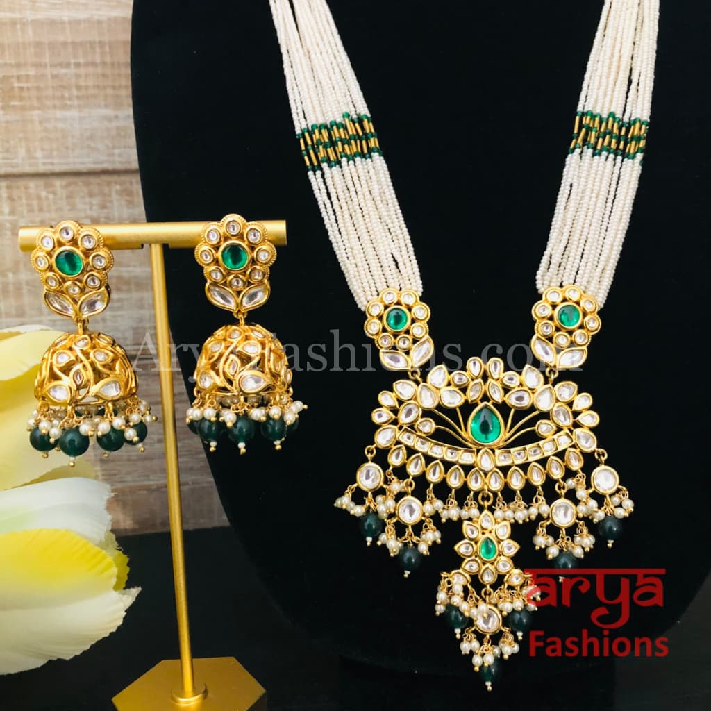 Shaira Long Pacchi Kundan Emerald Statement Necklace/ Rajwadi Ruby Necklace