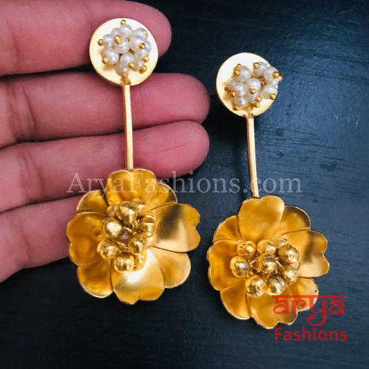 Sheena Matte Gold Pearl Long Party Earrings with Ghungroo beads