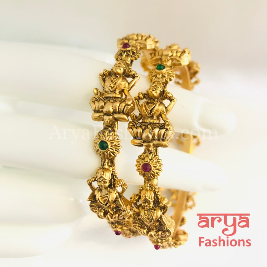 Sheena Temple Jewelry Bangles / Rajwadi Jadau Kada with Pink Green stones
