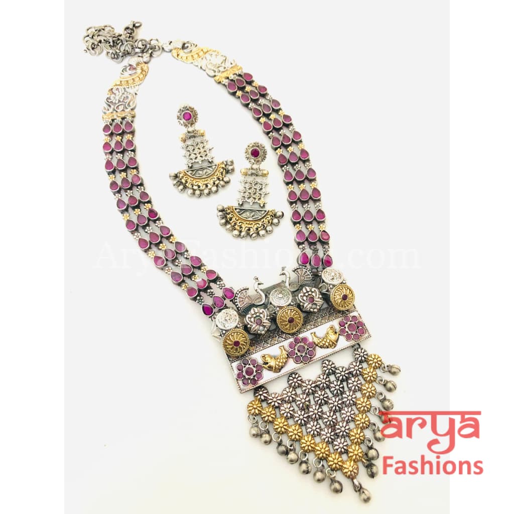 Shina Dual Tone Tribal Silver Oxidized Necklace with multicolor stones