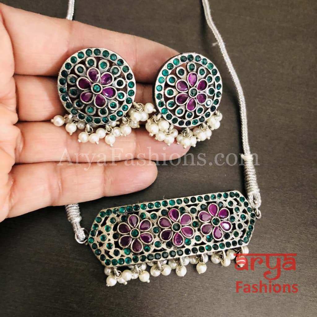 Shivi Colored Stones Silver Oxidized Tribal Choker Necklace with Stud earrings