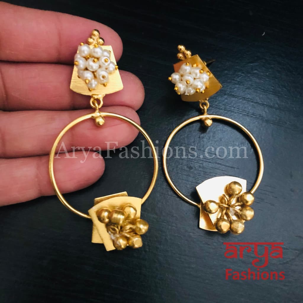 Shivi Golden Indo-Western Ethnic Earrings with Pearl and Ghungroo beads
