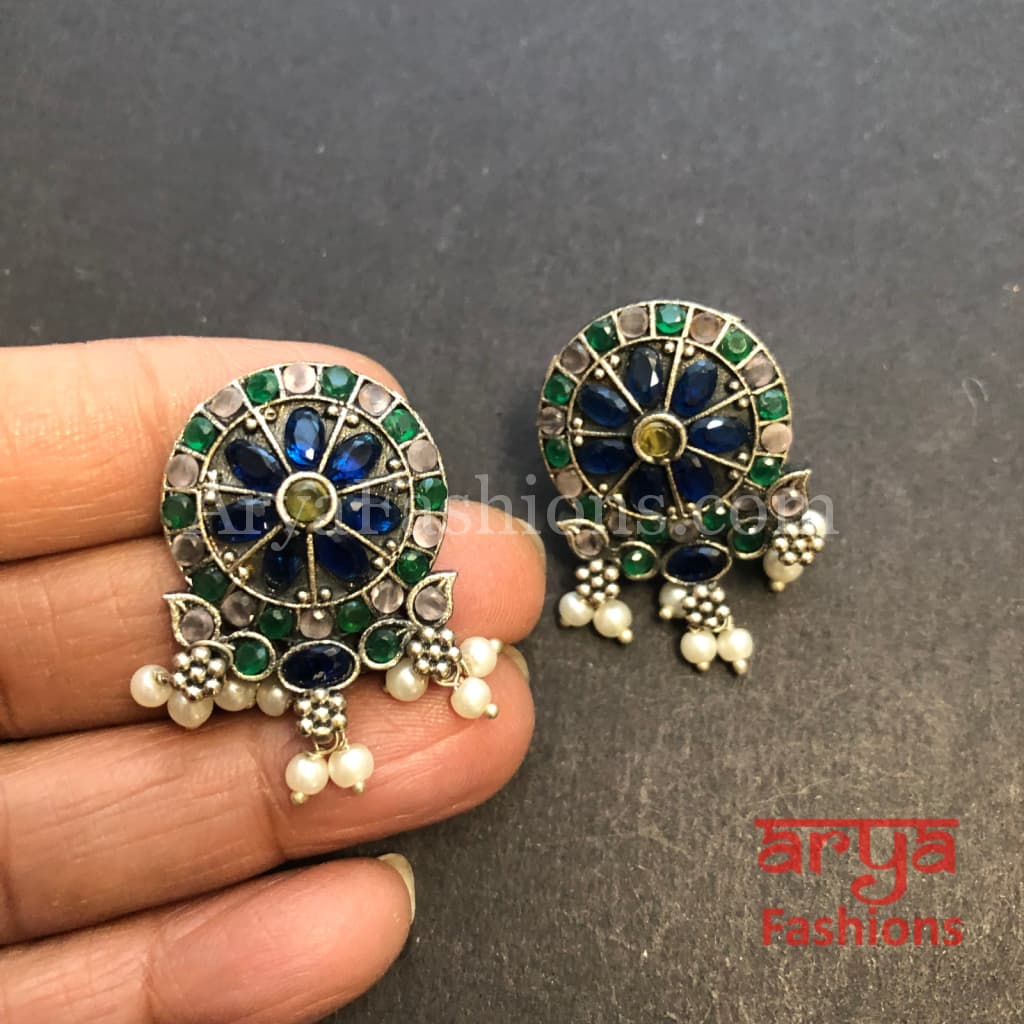 Shubhra Silver Oxidized Studs with Kemp Stones