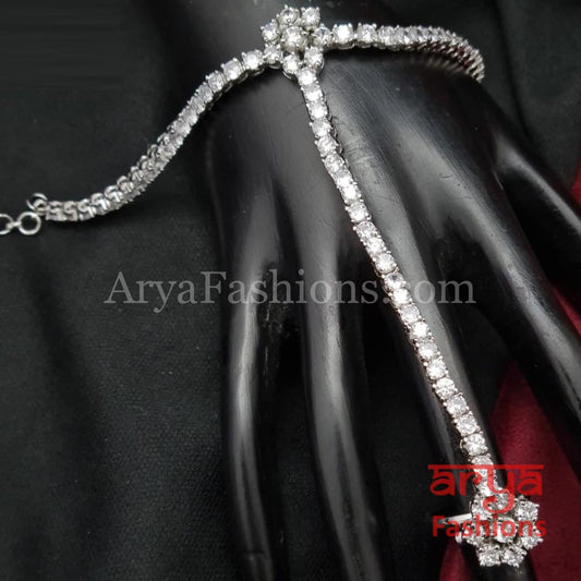 Silver Cubic Zirconia Bridal Hathphool/Hand Bracelet pair