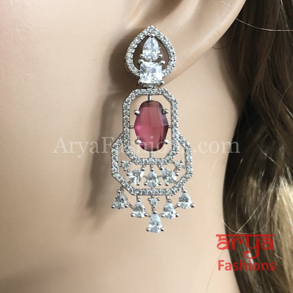 Silver Cubic Zirconia earrings with Ruby Semi Precious Stone