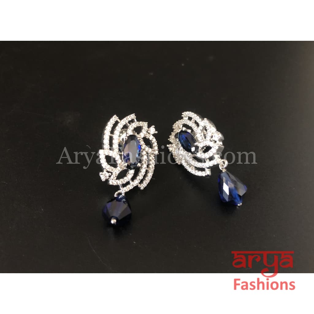 Silver Cubic Zirconia studs with Blue Beads