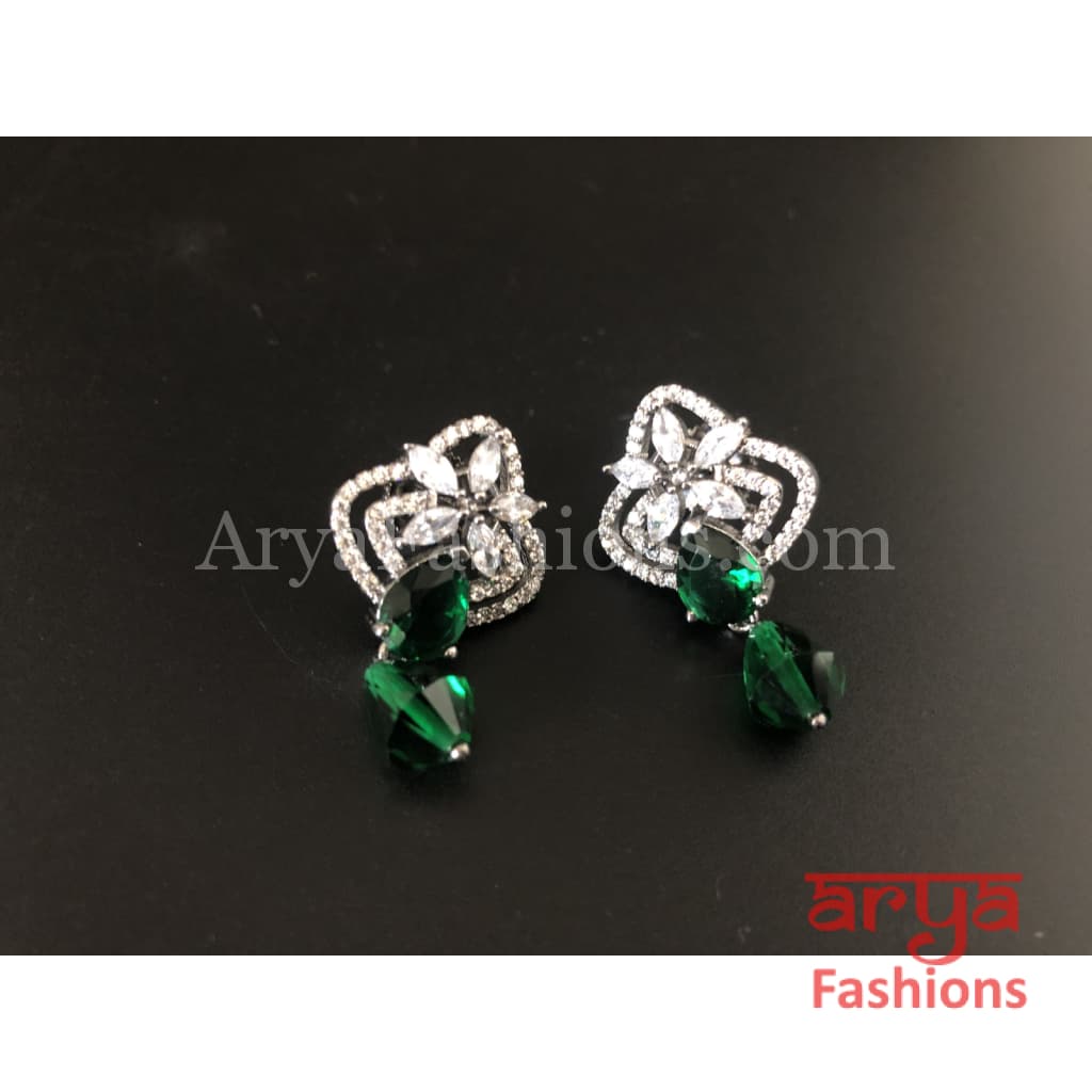 Silver Cubic Zirconia studs with dark Green Beads