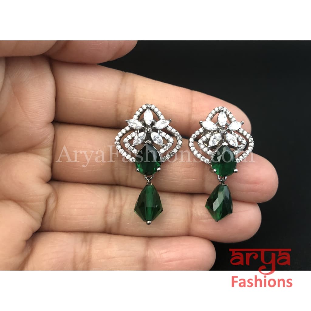 Silver Cubic Zirconia studs with dark Green Beads