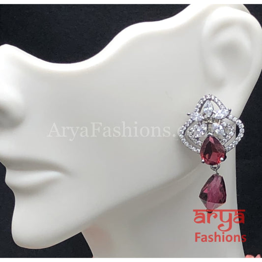 Silver Cubic Zirconia studs with dark Pink Beads