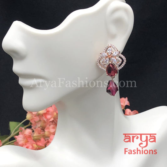 Silver Cubic Zirconia studs with dark Pink Beads in Rose Gold