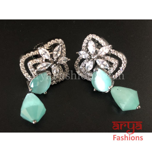 Silver Cubic Zirconia studs with Green Beads