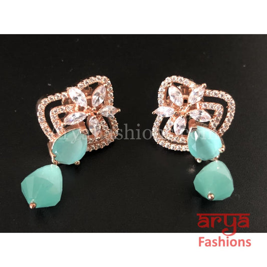 Silver Cubic Zirconia studs with Green Beads