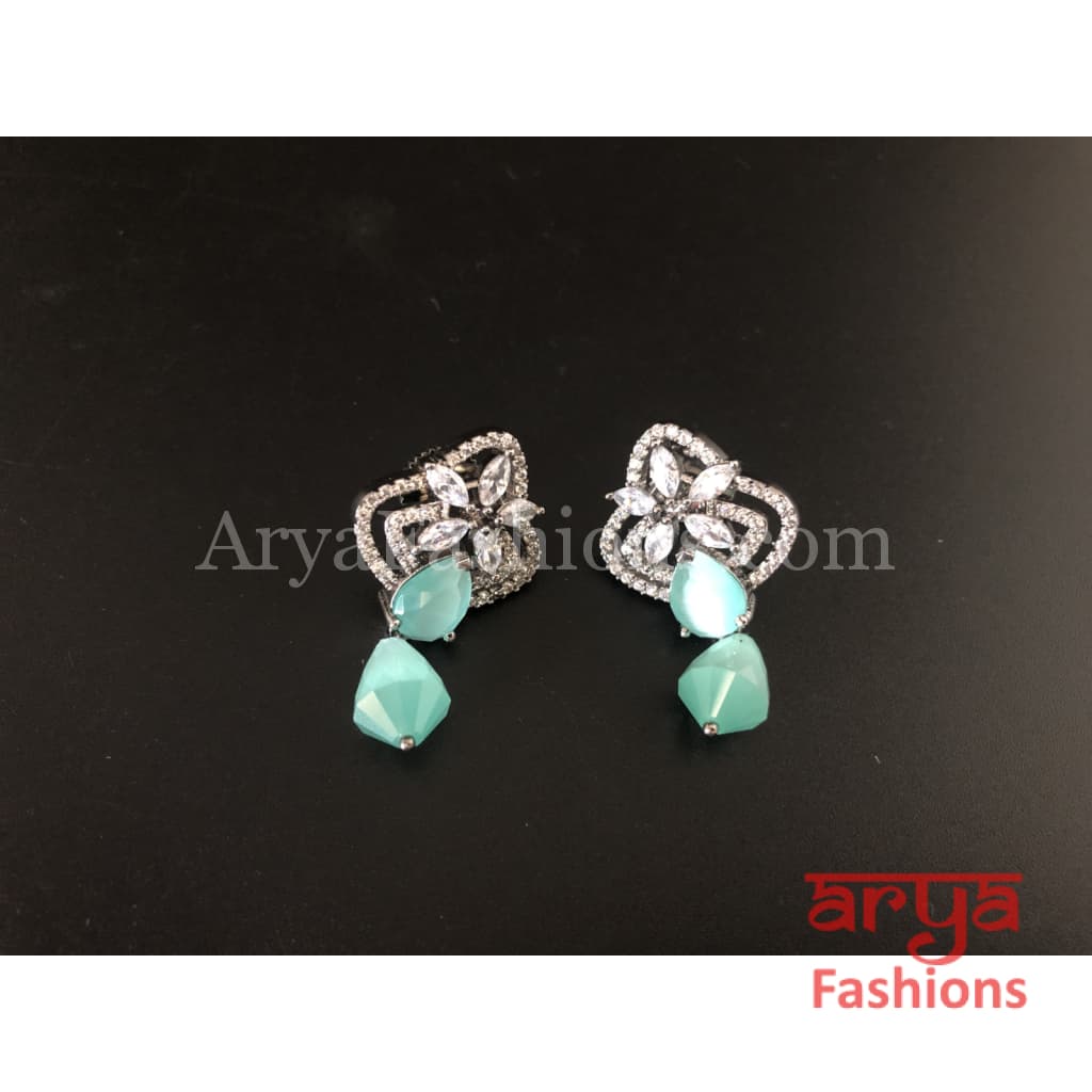 Silver Cubic Zirconia studs with Green Beads