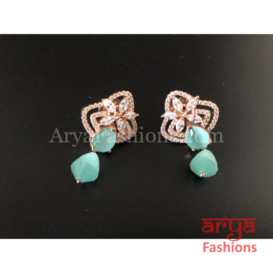 Silver Cubic Zirconia studs with Green Beads