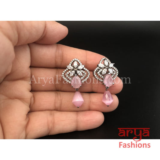 Silver Cubic Zirconia studs with Light Pink Beads