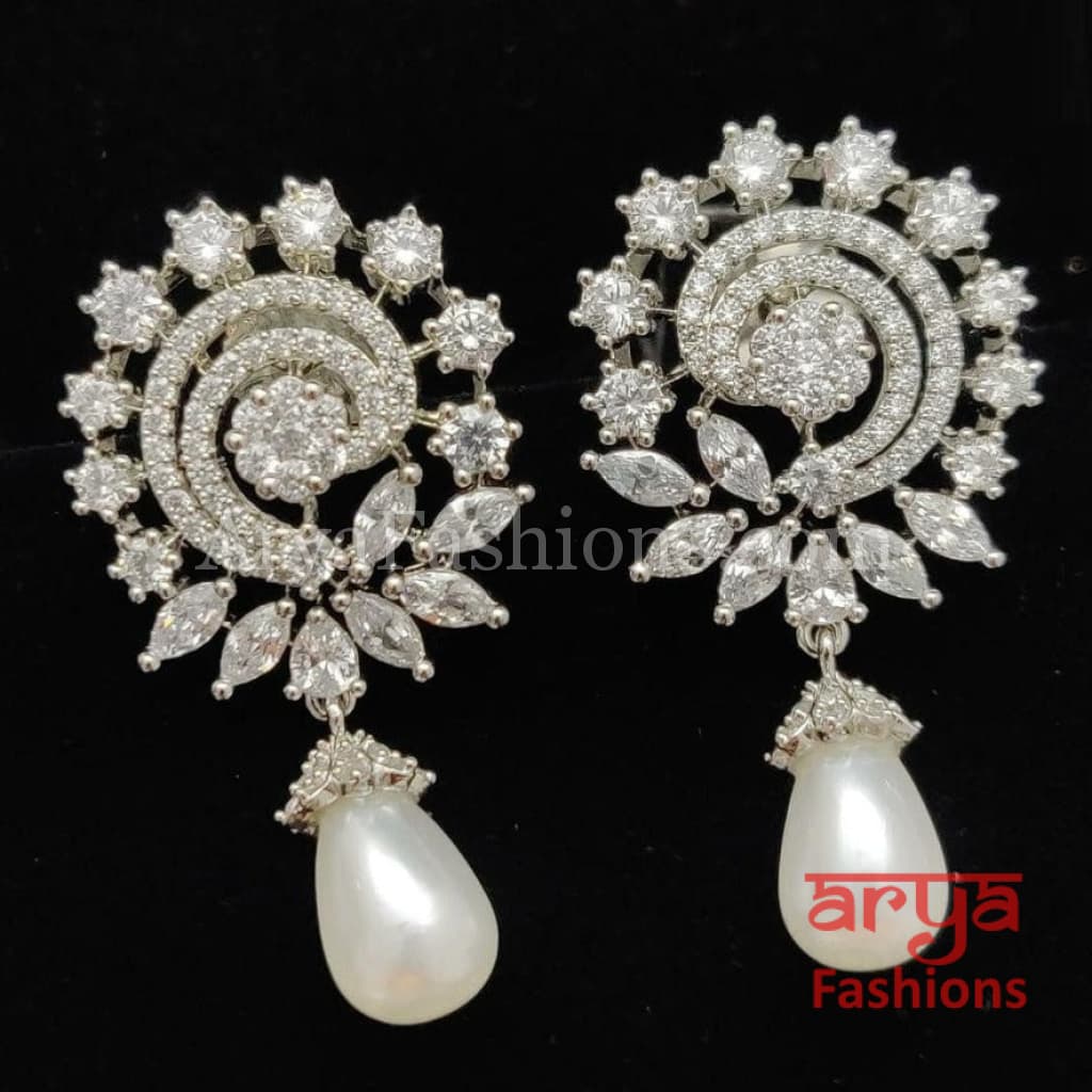Silver CZ Earrings with Pearl Drops/ Designer Indian