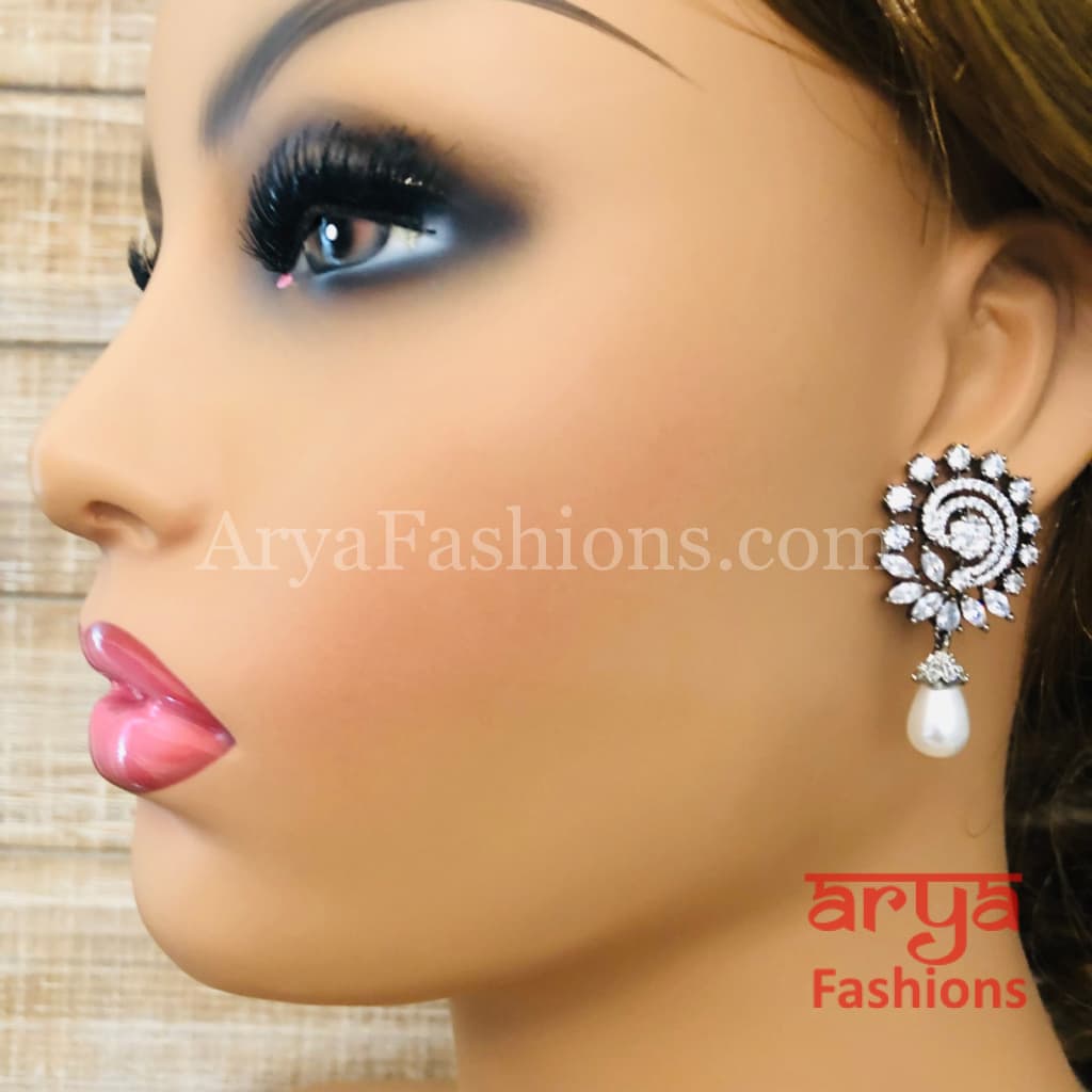 Silver CZ Earrings with Pearl Drops/ Designer Indian