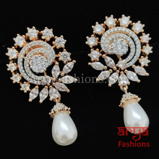 Silver CZ Earrings with Pearl Drops/ Designer Indian