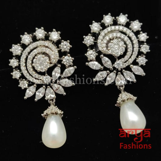 Silver CZ Earrings with Pearl Drops/ Designer Indian