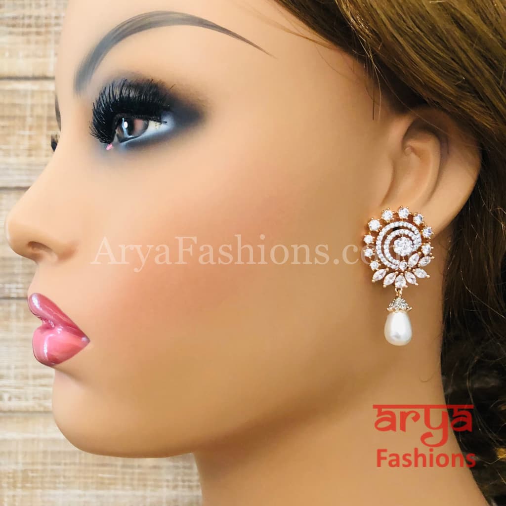 Silver CZ Earrings with Pearl Drops/ Designer Indian