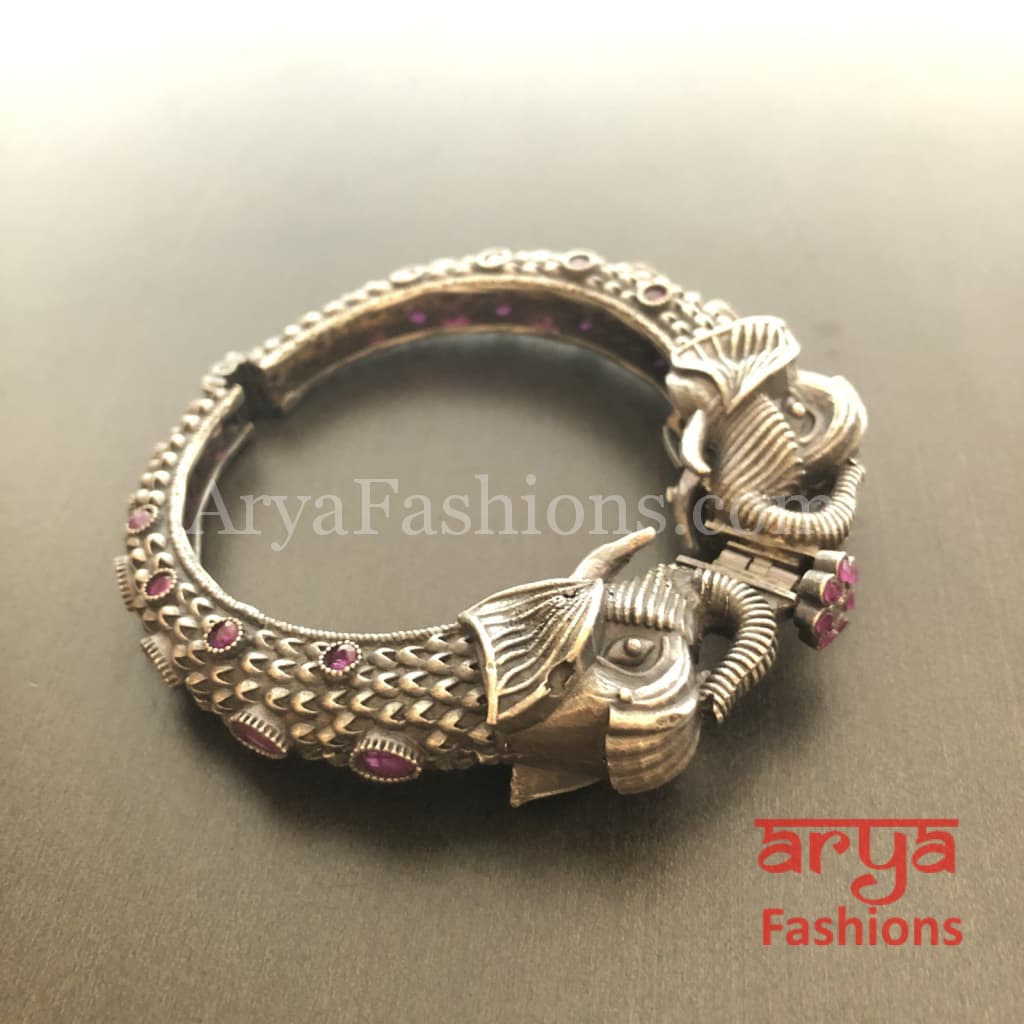 Silver Elephant Theme Oxidized Bangles with Pink and White Stones
