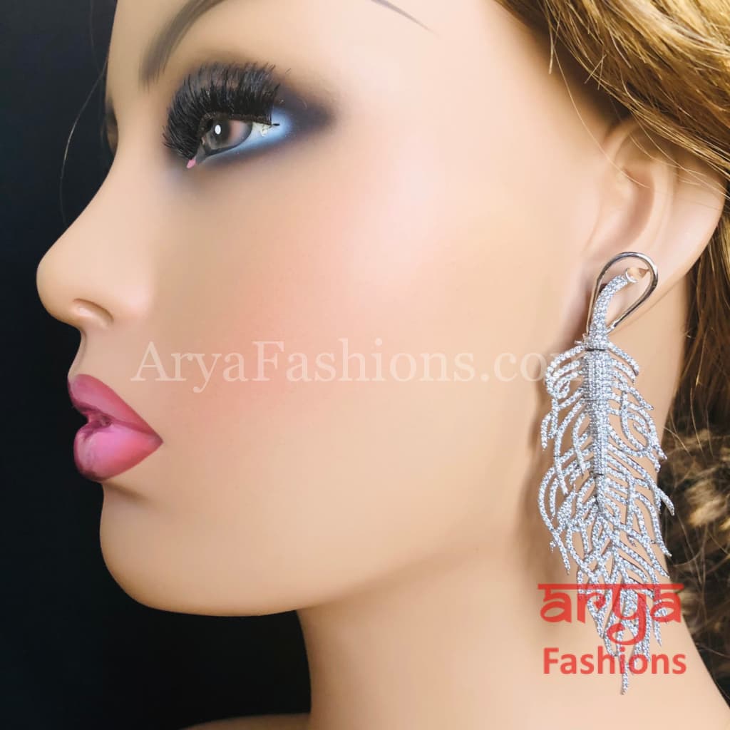 Silver Leaf CZ Cocktail Earrings / Cubic Zirconia