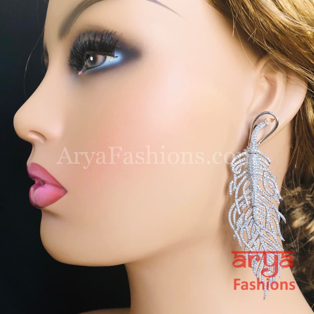 Silver Leaf CZ Cocktail Earrings / Cubic Zirconia