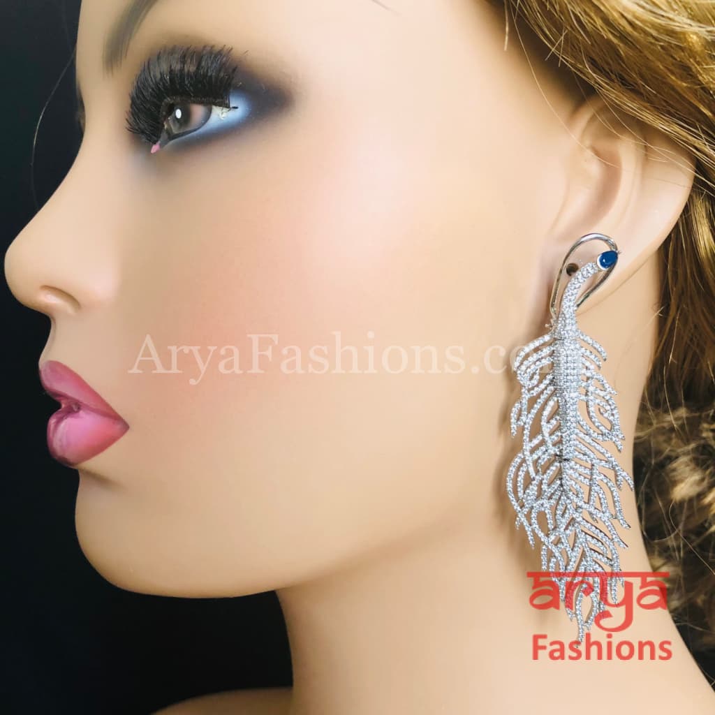 Silver Leaf CZ Cocktail Earrings / Cubic Zirconia