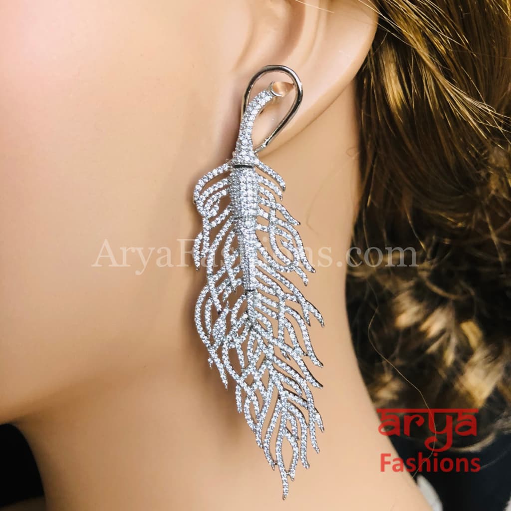 Silver Leaf CZ Cocktail Earrings / Cubic Zirconia