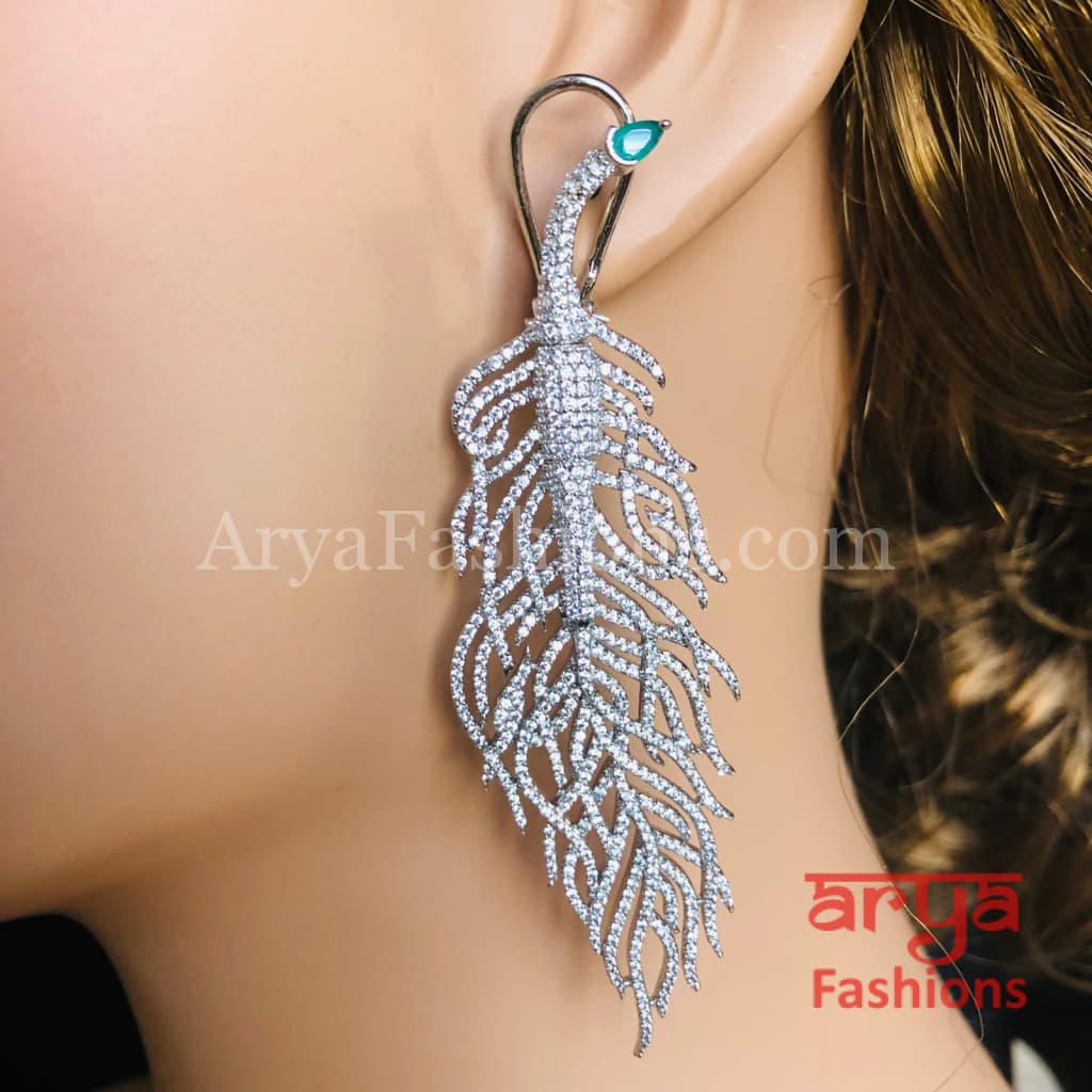Silver Leaf CZ Cocktail Earrings / Cubic Zirconia