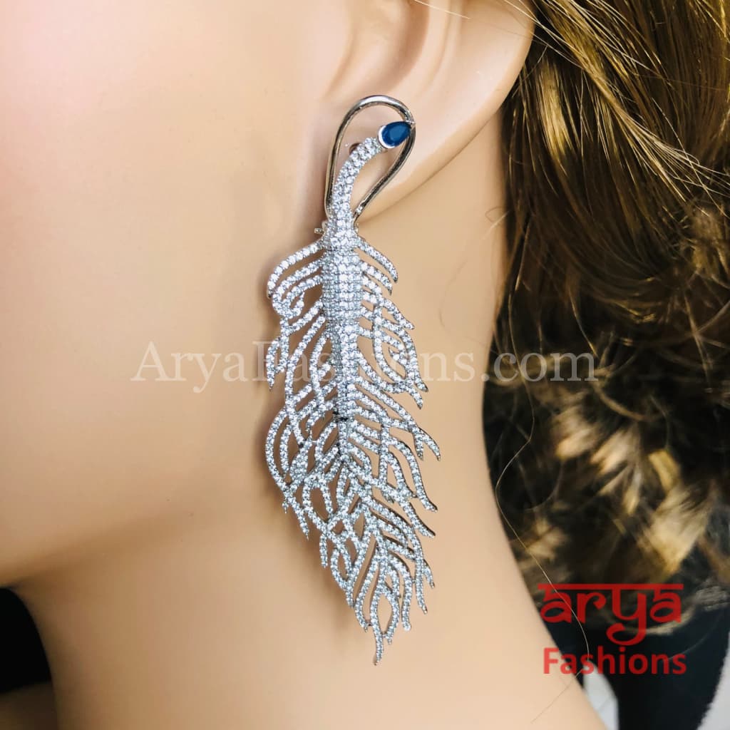 Silver Leaf CZ Cocktail Earrings / Cubic Zirconia