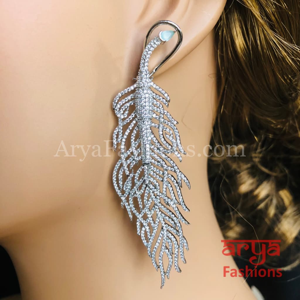 Silver Leaf CZ Cocktail Earrings / Cubic Zirconia