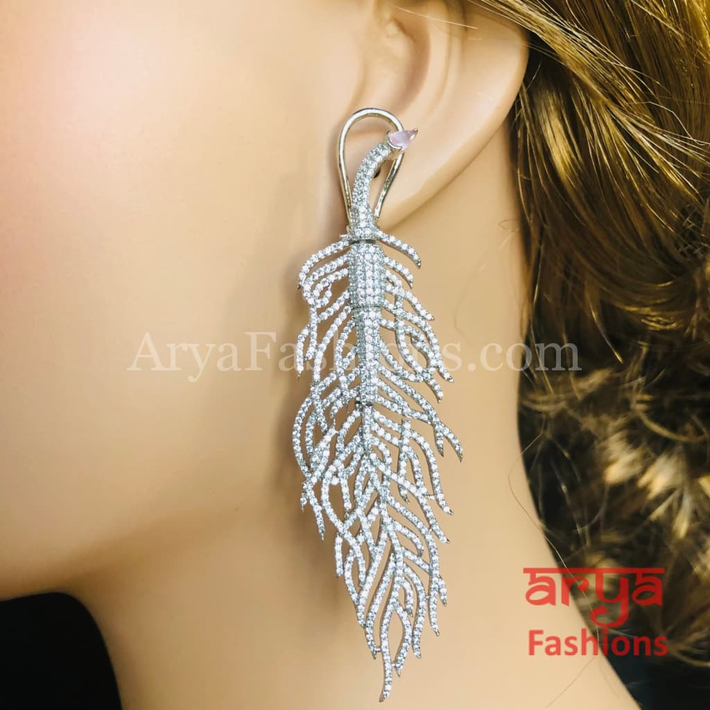 Silver Leaf CZ Cocktail Earrings / Cubic Zirconia