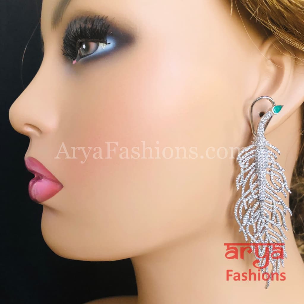 Silver Leaf CZ Cocktail Earrings / Cubic Zirconia
