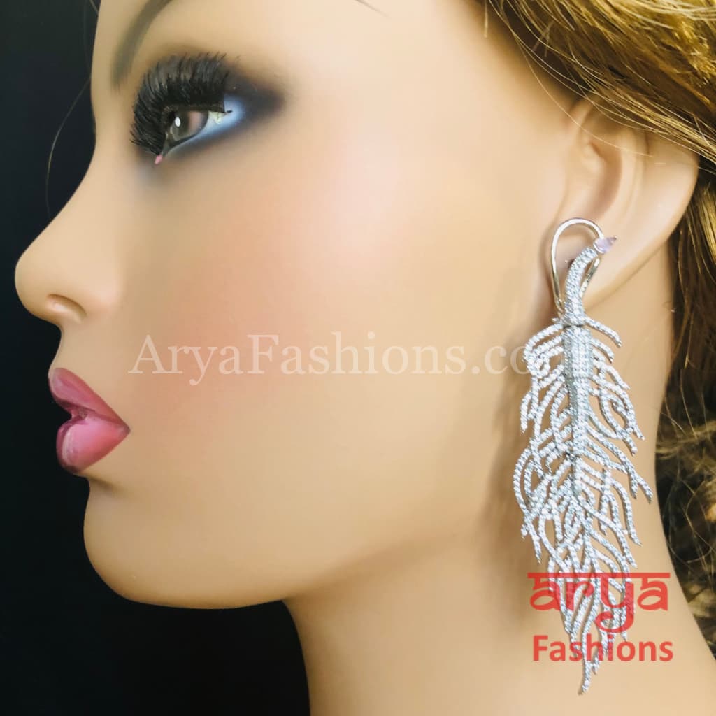 Silver Leaf CZ Cocktail Earrings / Cubic Zirconia