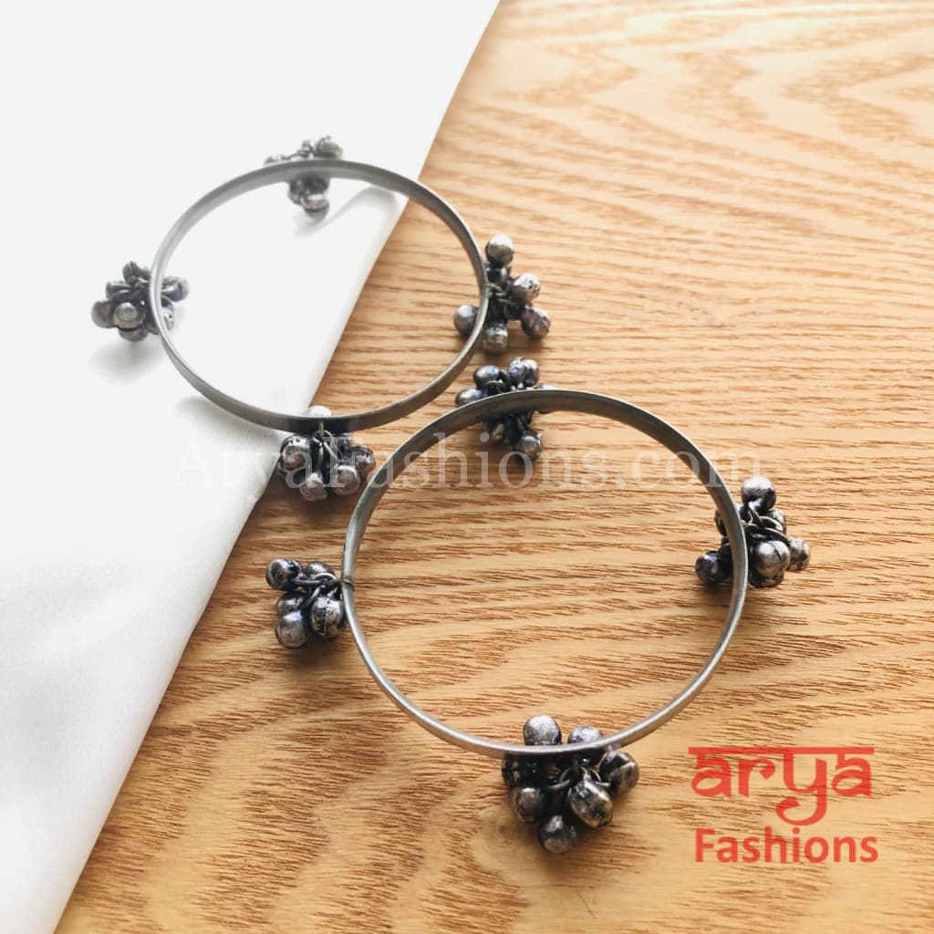 Silver Openable Oxidized Bangles with Beads Pair of 2