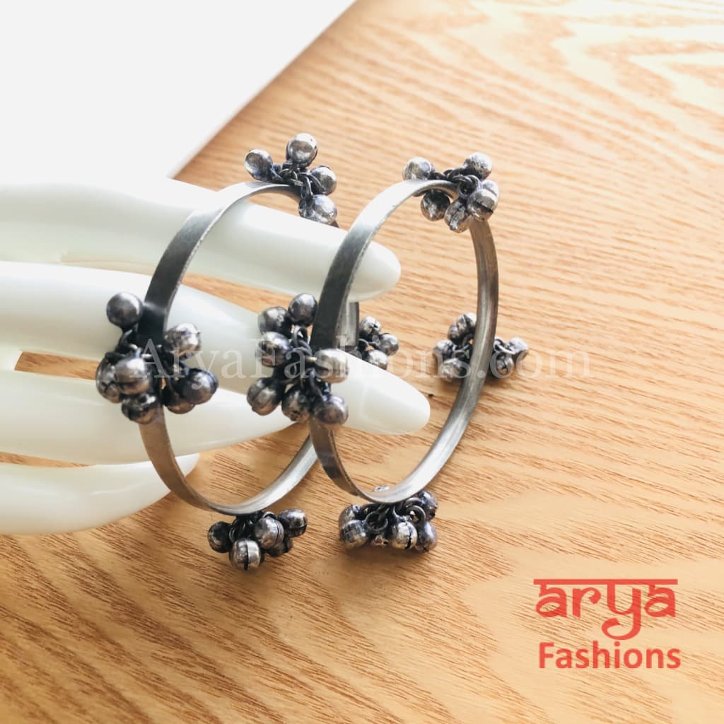 Silver Openable Oxidized Bangles with Beads Pair of 2