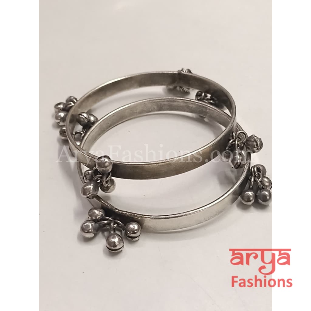 Silver Openable Oxidized Bangles with Beads Pair of 2