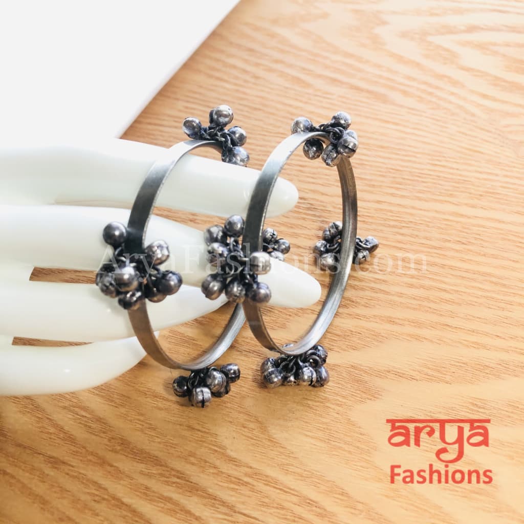 Silver Openable Oxidized Bangles with Beads Pair of 2