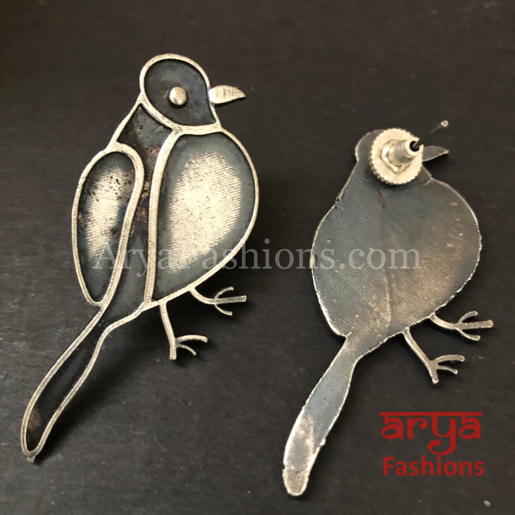 Silver Oxidized Bird Stud Earrings