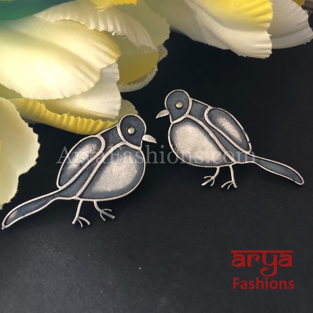 Silver Oxidized Bird Stud Earrings