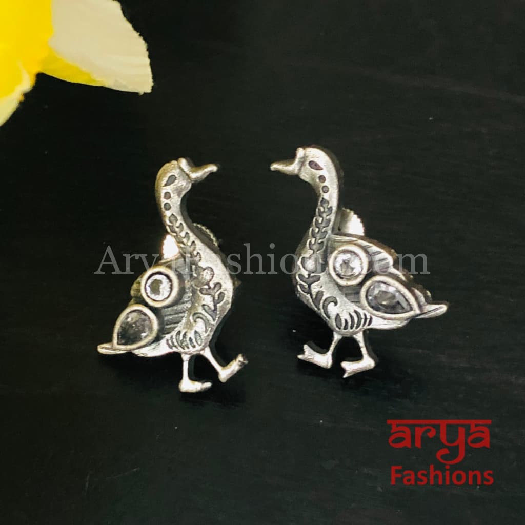 Silver Oxidized Bird Stud Earrings
