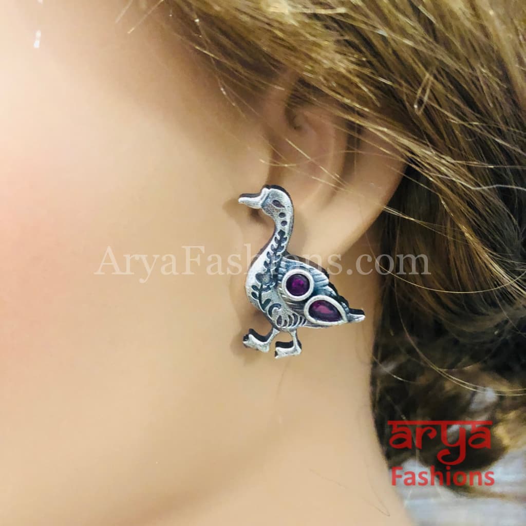 Silver Oxidized Bird Stud Earrings