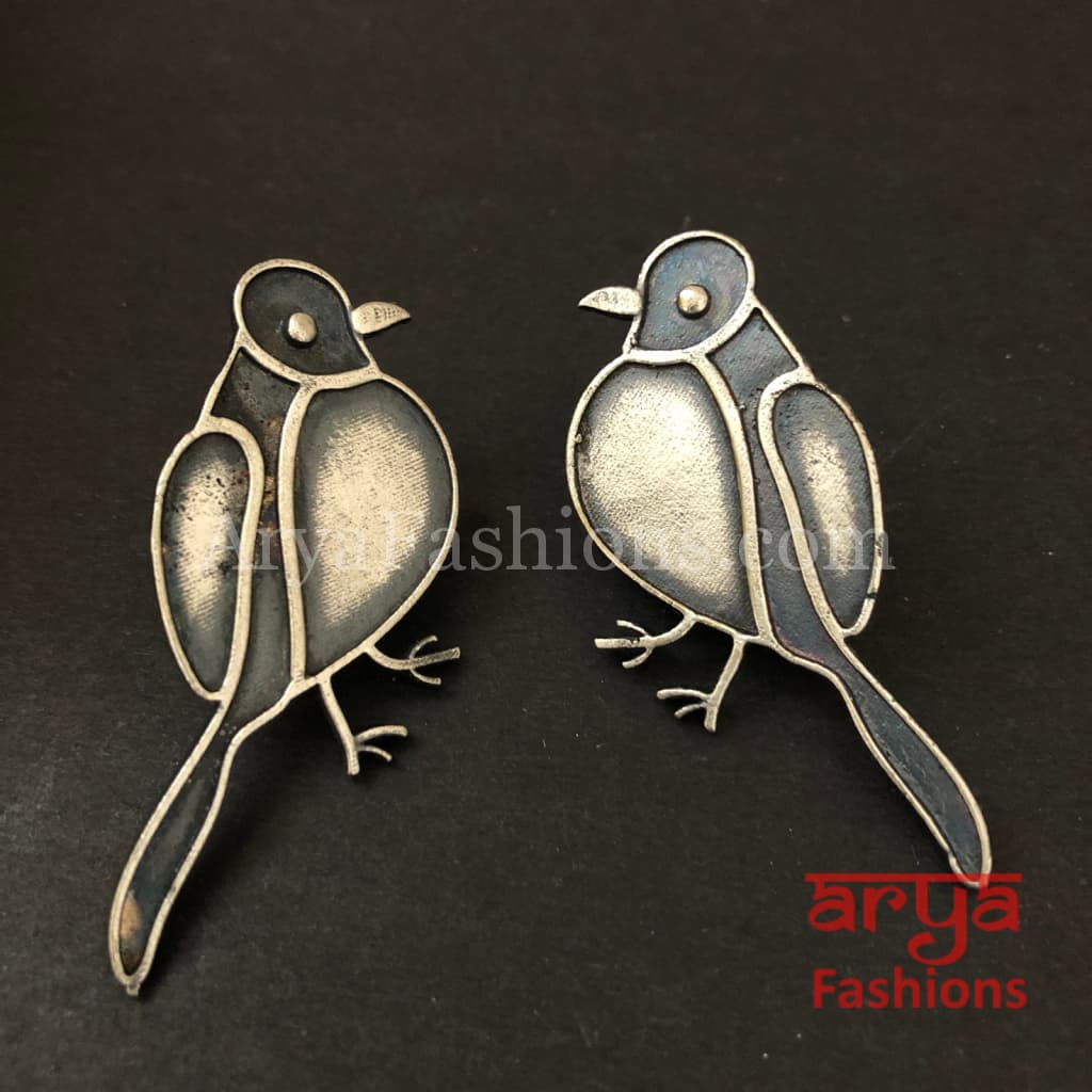 Silver Oxidized Bird Stud Earrings