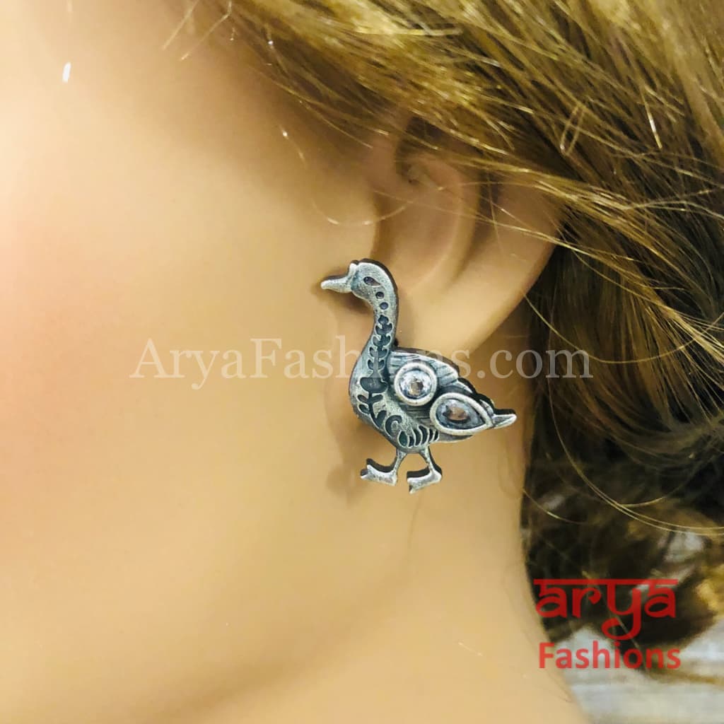 Silver Oxidized Bird Stud Earrings
