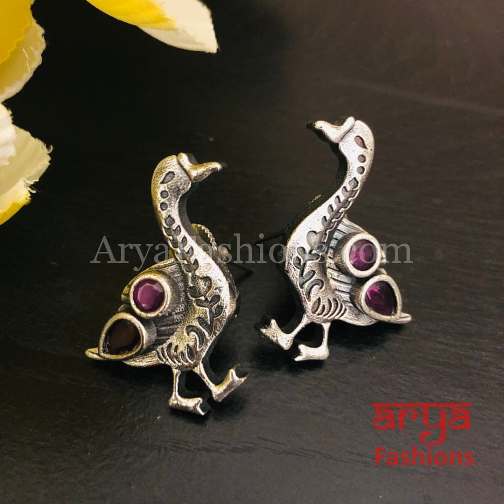 Silver Oxidized Bird Stud Earrings