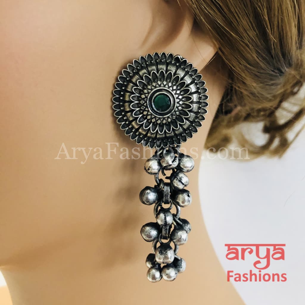 Silver Oxidized Dual Tone Party Earrings with Multi-color stones