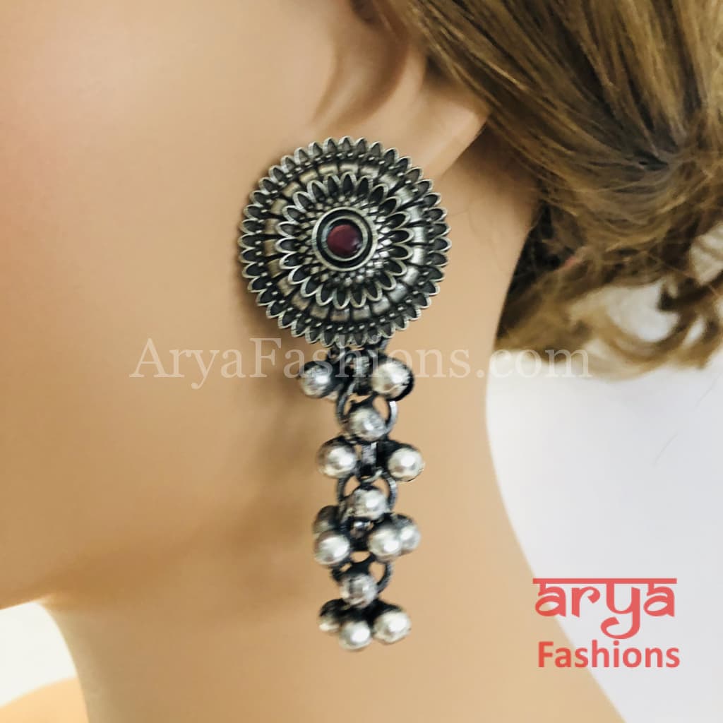 Silver Oxidized Dual Tone Party Earrings with Multi-color stones