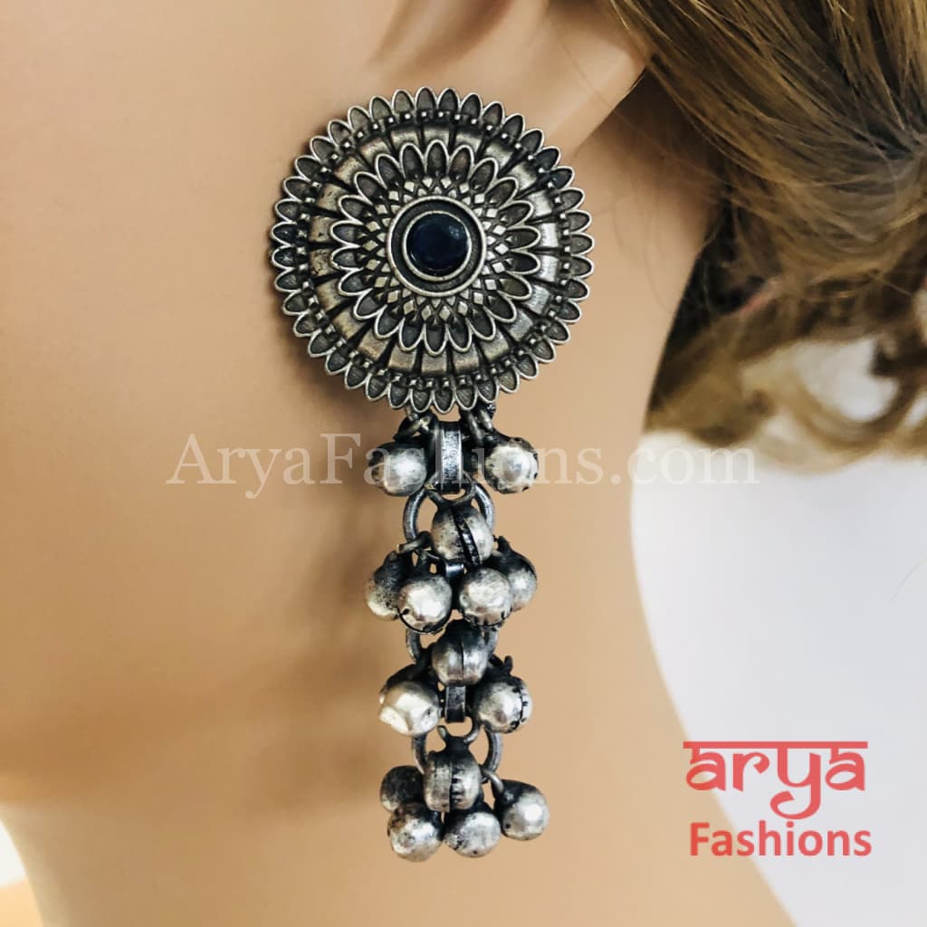 Silver Oxidized Dual Tone Party Earrings with Multi-color stones