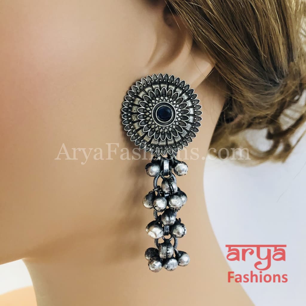 Silver Oxidized Dual Tone Party Earrings with Multi-color stones